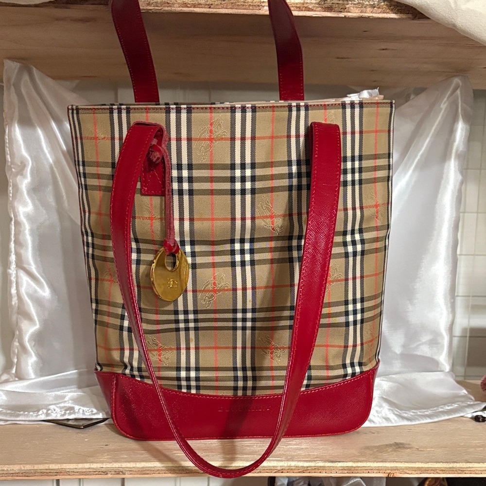 Burberry Plaid Canvas Tote with Red Leather Trim vintage